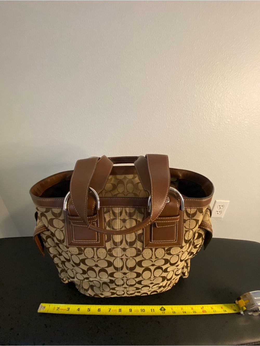 Coach Brown Signature Canvas Travel bag with Leather Trim and side pockets - Picture 13 of 16